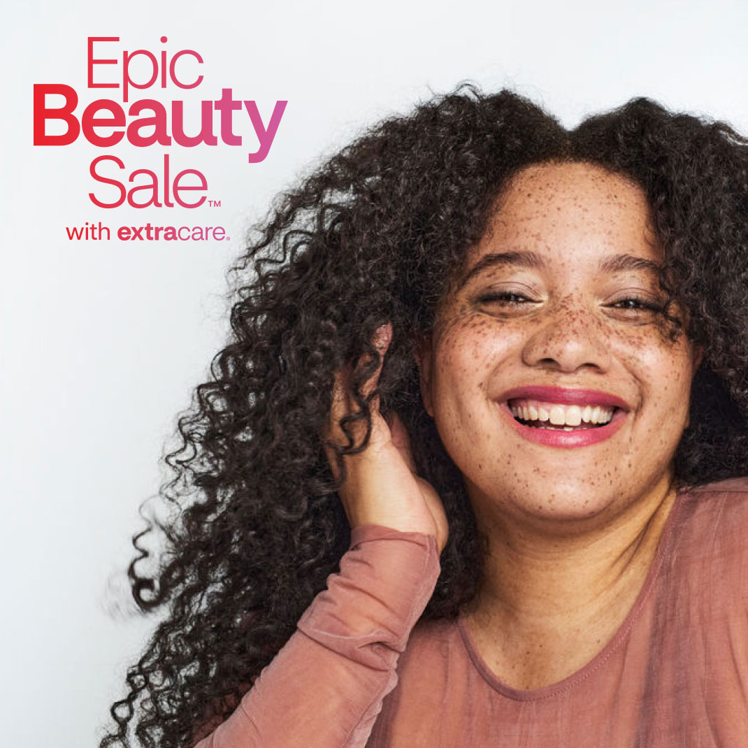 Person smiling. Epic Beauty Sale with ExtraCare logo.