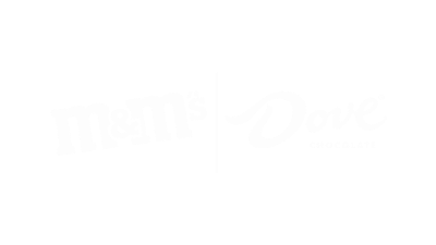 M&M’s and Dove Chocolate brand marks on a green background