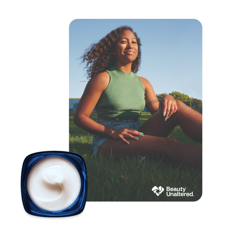 Confident woman sitting outside. Beauty unaltered logo.